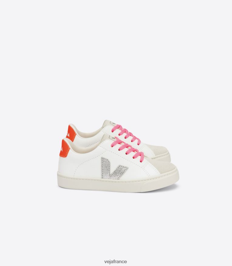 chaussures Veja lacets esplar cuir sans chrome blanc argent orange fluo enfants 0826JT335