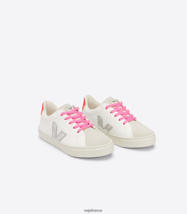 chaussures Veja lacets esplar cuir sans chrome blanc argent orange fluo enfants 0826JT335