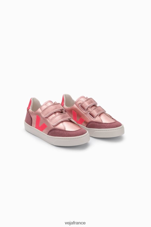 chaussures Veja v-12 cuir sans chrome nacre rose fluo enfants 0826JT306