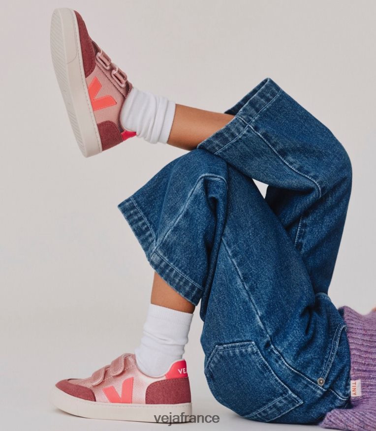 chaussures Veja v-12 cuir sans chrome nacre rose fluo enfants 0826JT306
